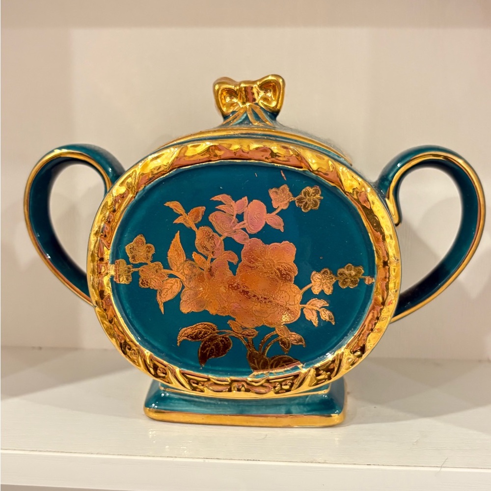 🏡Sadler England Teal and Gold Floral Ceramic Sugar Bowl - Decorative Serveware
